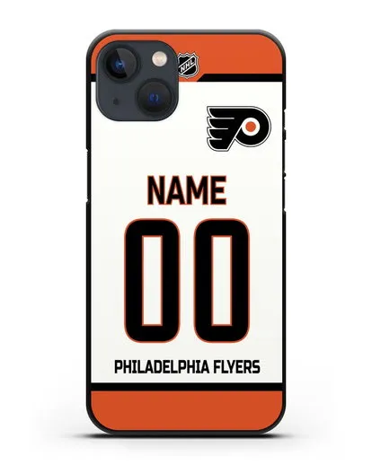 Чехол ХК Филадельфия Флайерз с фамилией и номером белая форма силиконовый для iPhone 13