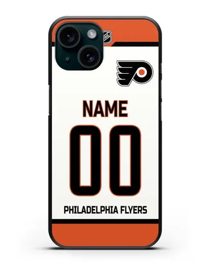 Чехол ХК Филадельфия Флайерз с фамилией и номером белая форма силиконовый для iPhone 15