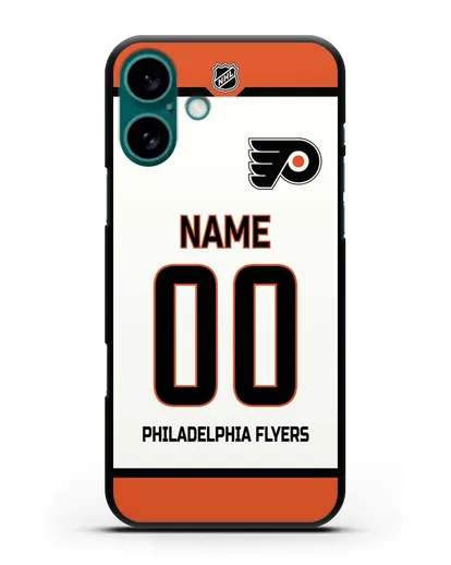 Чехол ХК Филадельфия Флайерз с фамилией и номером белая форма силиконовый для iPhone 16 Plus