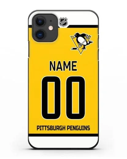 Чехол ХК Питтсбург Пингвинз с фамилией и номером желтая форма силиконовый для iPhone 11