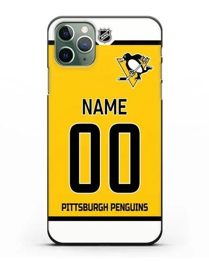 Чехол ХК Питтсбург Пингвинз с фамилией и номером желтая форма силиконовый для iPhone 11 Pro