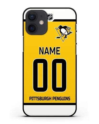 Чехол ХК Питтсбург Пингвинз с фамилией и номером желтая форма силиконовый для iPhone 12 mini