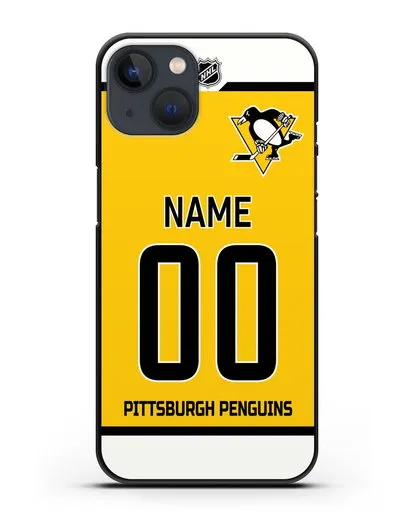 Чехол ХК Питтсбург Пингвинз с фамилией и номером желтая форма силиконовый для iPhone 13 Mini
