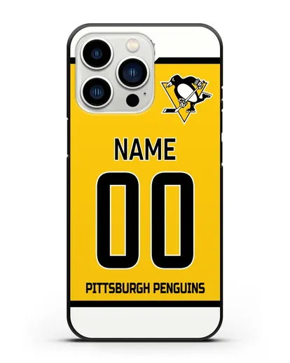 Чехол ХК Питтсбург Пингвинз с фамилией и номером желтая форма силиконовый для iPhone 13 Pro
