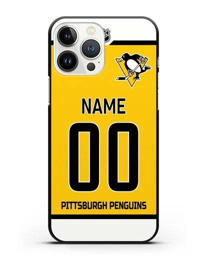 Чехол ХК Питтсбург Пингвинз с фамилией и номером желтая форма силиконовый для iPhone 13 Pro Max