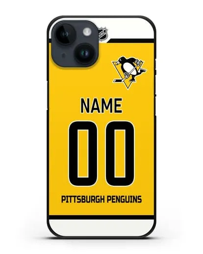Чехол ХК Питтсбург Пингвинз с фамилией и номером желтая форма силиконовый для iPhone 14