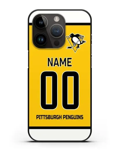 Чехол ХК Питтсбург Пингвинз с фамилией и номером желтая форма силиконовый для iPhone 14 Pro