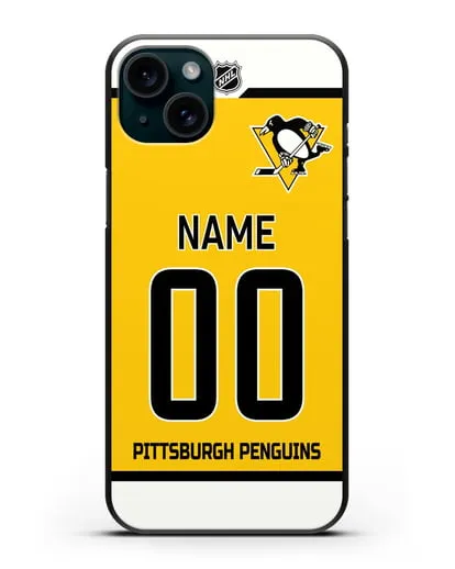 Чехол ХК Питтсбург Пингвинз с фамилией и номером желтая форма силиконовый для iPhone 15 Plus