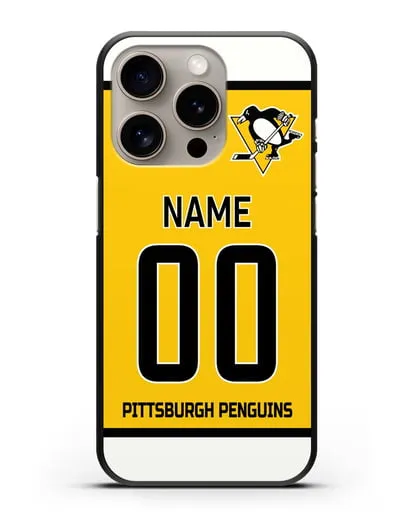 Чехол ХК Питтсбург Пингвинз с фамилией и номером желтая форма силиконовый для iPhone 15 Pro