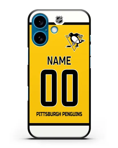 Чехол ХК Питтсбург Пингвинз с фамилией и номером желтая форма силиконовый для iPhone 16