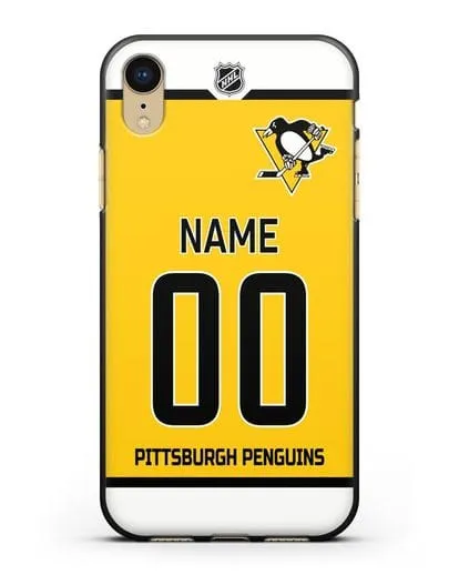 Чехол ХК Питтсбург Пингвинз с фамилией и номером желтая форма силиконовый для iPhone XR