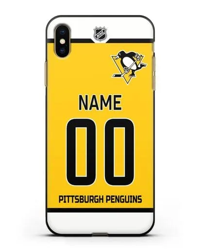 Чехол ХК Питтсбург Пингвинз с фамилией и номером желтая форма силиконовый для iPhone XS Max