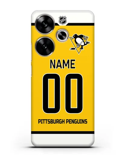 Чехол ХК Питтсбург Пингвинз с фамилией и номером желтая форма силиконовый для Xiaomi Poco F6