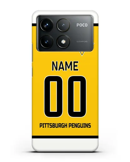 Чехол ХК Питтсбург Пингвинз с фамилией и номером желтая форма силиконовый для Xiaomi Poco F6 Pro