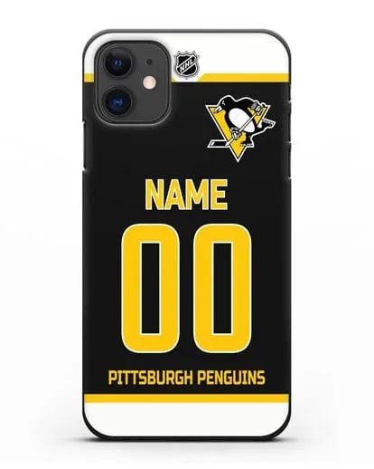Чехол ХК Питтсбург Пингвинз с фамилией и номером черная форма силиконовый для iPhone 11