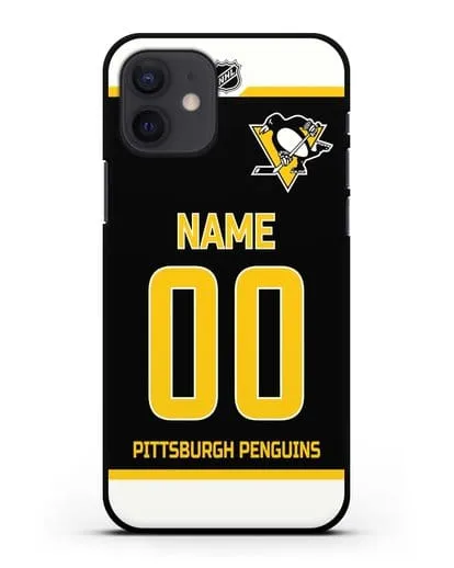 Чехол ХК Питтсбург Пингвинз с фамилией и номером черная форма силиконовый для iPhone 12