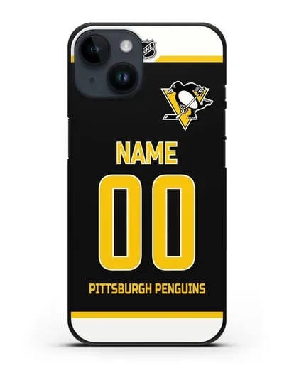 Чехол ХК Питтсбург Пингвинз с фамилией и номером черная форма силиконовый для iPhone 14