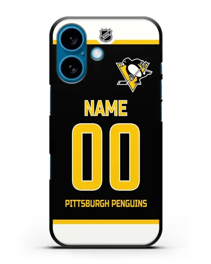 Чехол ХК Питтсбург Пингвинз с фамилией и номером черная форма силиконовый для iPhone 16