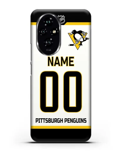Чехол ХК Питтсбург Пингвинз с фамилией и номером белая форма силиконовый для Honor 200