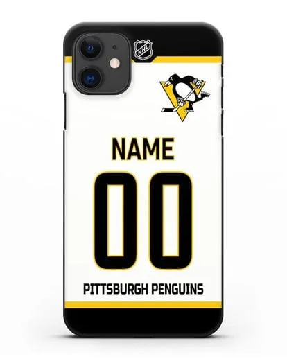 Чехол ХК Питтсбург Пингвинз с фамилией и номером белая форма силиконовый для iPhone 11