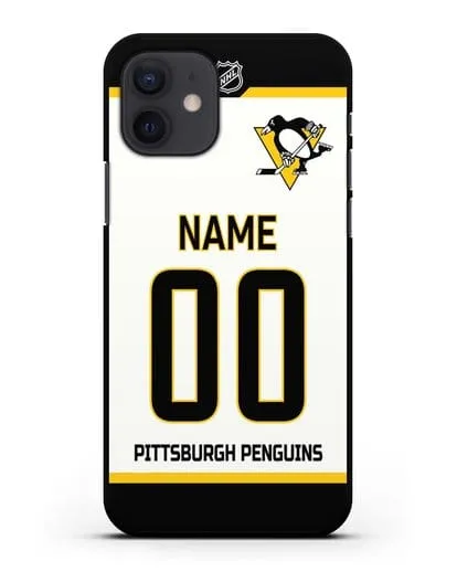 Чехол ХК Питтсбург Пингвинз с фамилией и номером белая форма силиконовый для iPhone 12