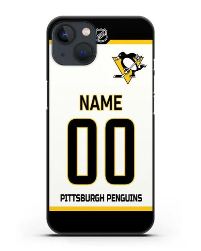 Чехол ХК Питтсбург Пингвинз с фамилией и номером белая форма силиконовый для iPhone 13 Mini