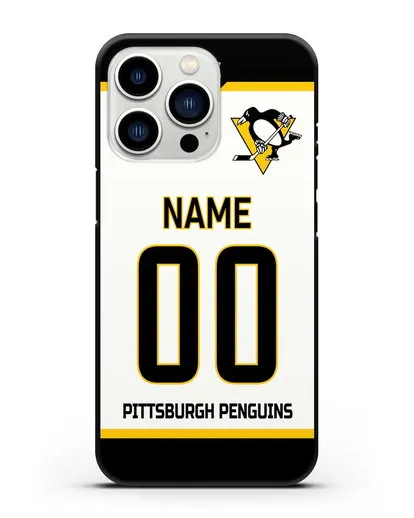 Чехол ХК Питтсбург Пингвинз с фамилией и номером белая форма силиконовый для iPhone 13 Pro