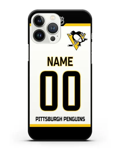 Чехол ХК Питтсбург Пингвинз с фамилией и номером белая форма силиконовый для iPhone 13 Pro Max