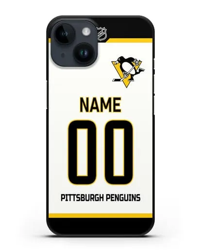 Чехол ХК Питтсбург Пингвинз с фамилией и номером белая форма силиконовый для iPhone 14
