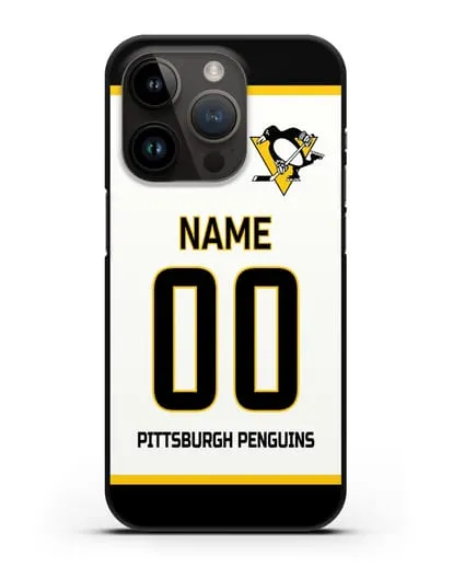 Чехол ХК Питтсбург Пингвинз с фамилией и номером белая форма силиконовый для iPhone 14 Pro