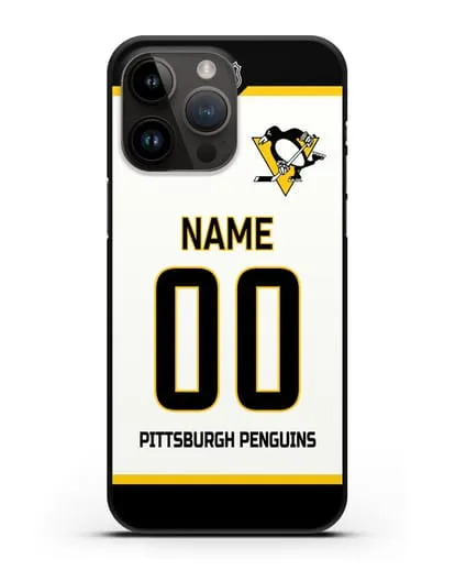Чехол ХК Питтсбург Пингвинз с фамилией и номером белая форма силиконовый для iPhone 14 Pro Max