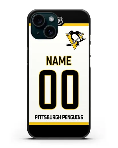 Чехол ХК Питтсбург Пингвинз с фамилией и номером белая форма силиконовый для iPhone 15