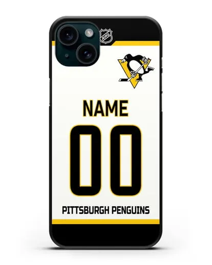 Чехол ХК Питтсбург Пингвинз с фамилией и номером белая форма силиконовый для iPhone 15 Plus