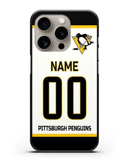 Чехол ХК Питтсбург Пингвинз с фамилией и номером белая форма силиконовый для iPhone 15 Pro
