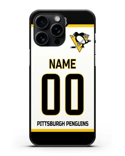 Чехол ХК Питтсбург Пингвинз с фамилией и номером белая форма силиконовый для iPhone 15 Pro Max