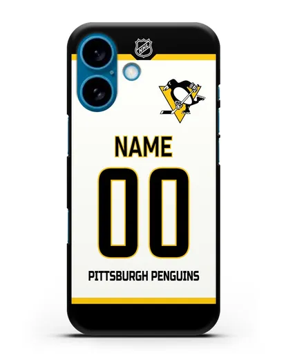 Чехол ХК Питтсбург Пингвинз с фамилией и номером белая форма силиконовый для iPhone 16