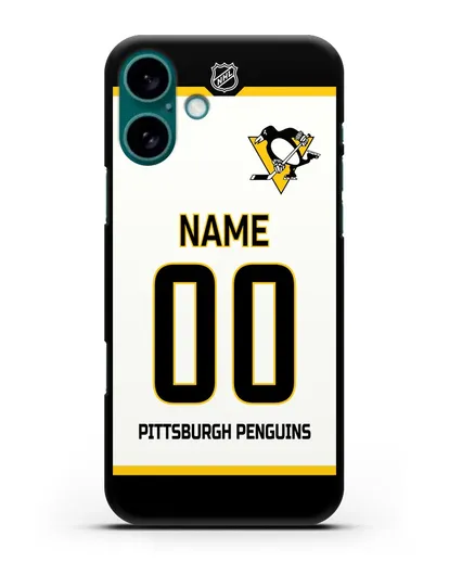 Чехол ХК Питтсбург Пингвинз с фамилией и номером белая форма силиконовый для iPhone 16 Plus