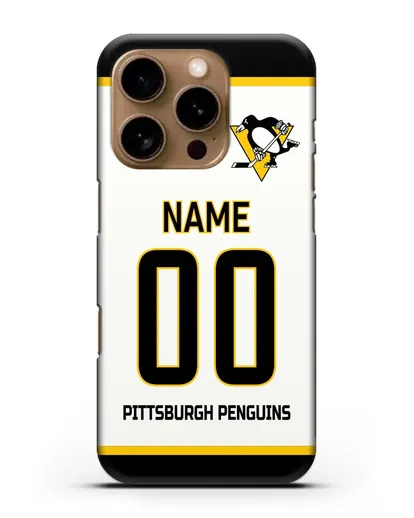 Чехол ХК Питтсбург Пингвинз с фамилией и номером белая форма силиконовый для iPhone 16 Pro