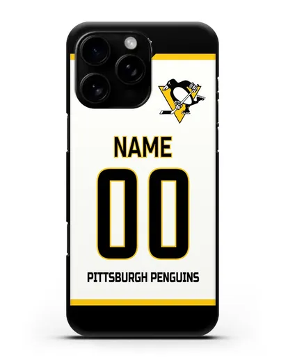 Чехол ХК Питтсбург Пингвинз с фамилией и номером белая форма силиконовый для iPhone 16 Pro Max