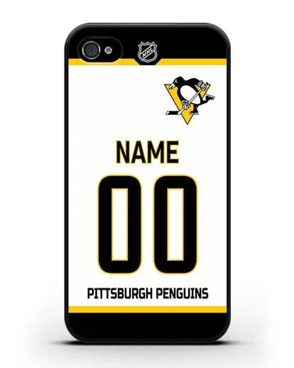 Чехол ХК Питтсбург Пингвинз с фамилией и номером белая форма силиконовый для iPhone 4/4s