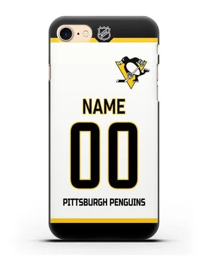 Чехол ХК Питтсбург Пингвинз с фамилией и номером белая форма силиконовый для iPhone 7