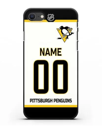 Чехол ХК Питтсбург Пингвинз с фамилией и номером белая форма силиконовый для iPhone SE 2020