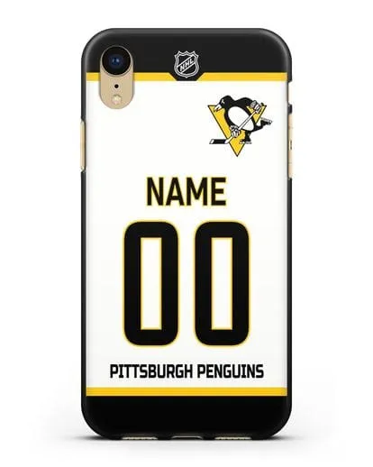 Чехол ХК Питтсбург Пингвинз с фамилией и номером белая форма силиконовый для iPhone XR