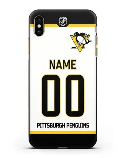 Чехол ХК Питтсбург Пингвинз с фамилией и номером белая форма силиконовый для iPhone XS Max