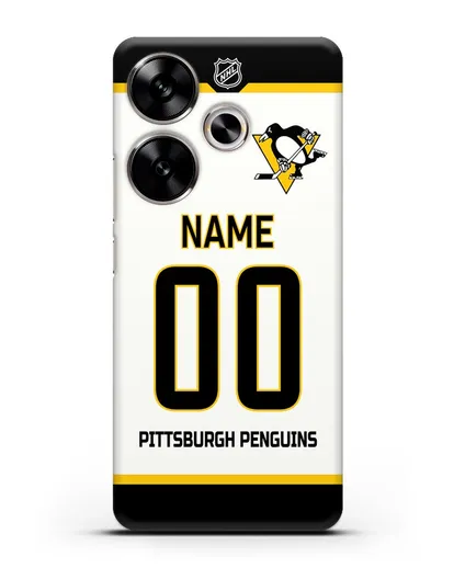 Чехол ХК Питтсбург Пингвинз с фамилией и номером белая форма силиконовый для Xiaomi Poco F6