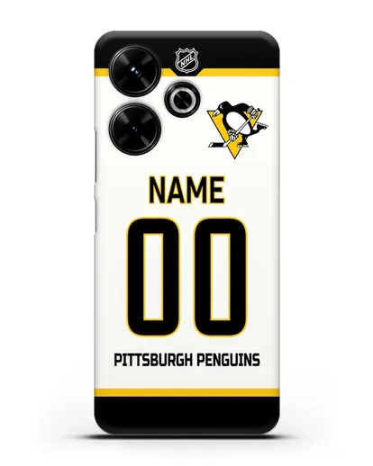 Чехол ХК Питтсбург Пингвинз с фамилией и номером белая форма силиконовый для Xiaomi Poco M6