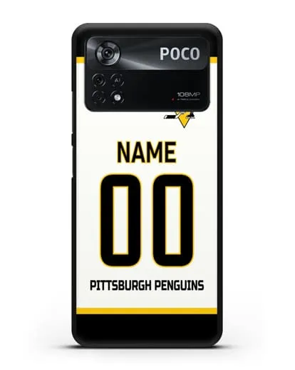 Чехол ХК Питтсбург Пингвинз с фамилией и номером белая форма силиконовый для Xiaomi Poco X4 Pro