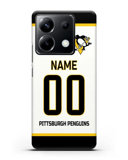 Чехол ХК Питтсбург Пингвинз с фамилией и номером белая форма силиконовый для Xiaomi Poco X6