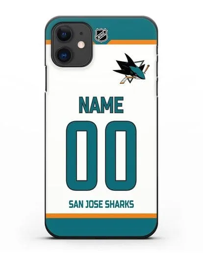Чехол ХК Сан-Хосе Шаркс с фамилией и номером белая форма силиконовый для iPhone 11
