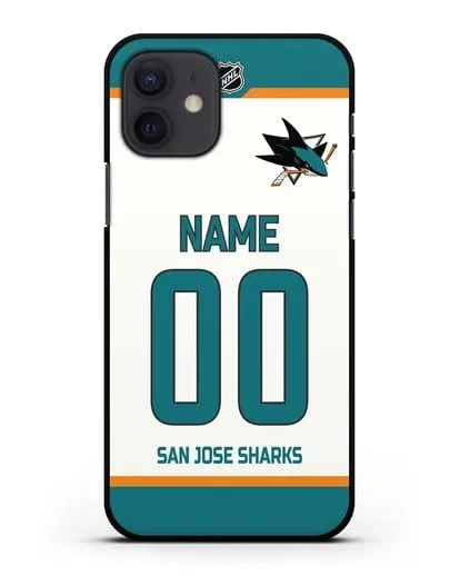 Чехол ХК Сан-Хосе Шаркс с фамилией и номером белая форма силиконовый для iPhone 12